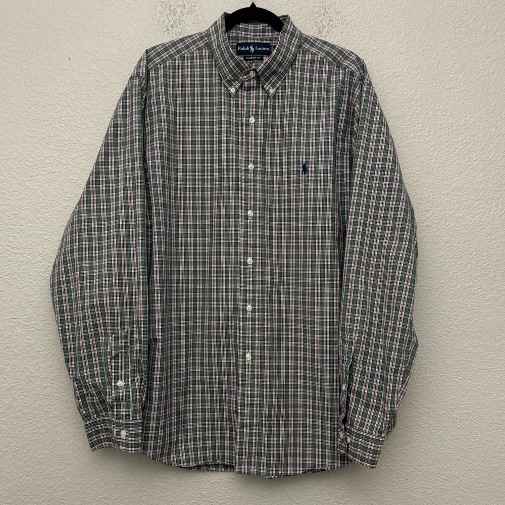 Ralph Laurenโ Classic Fit Green Pink Plaid Button Down Shirt Men's Size XL